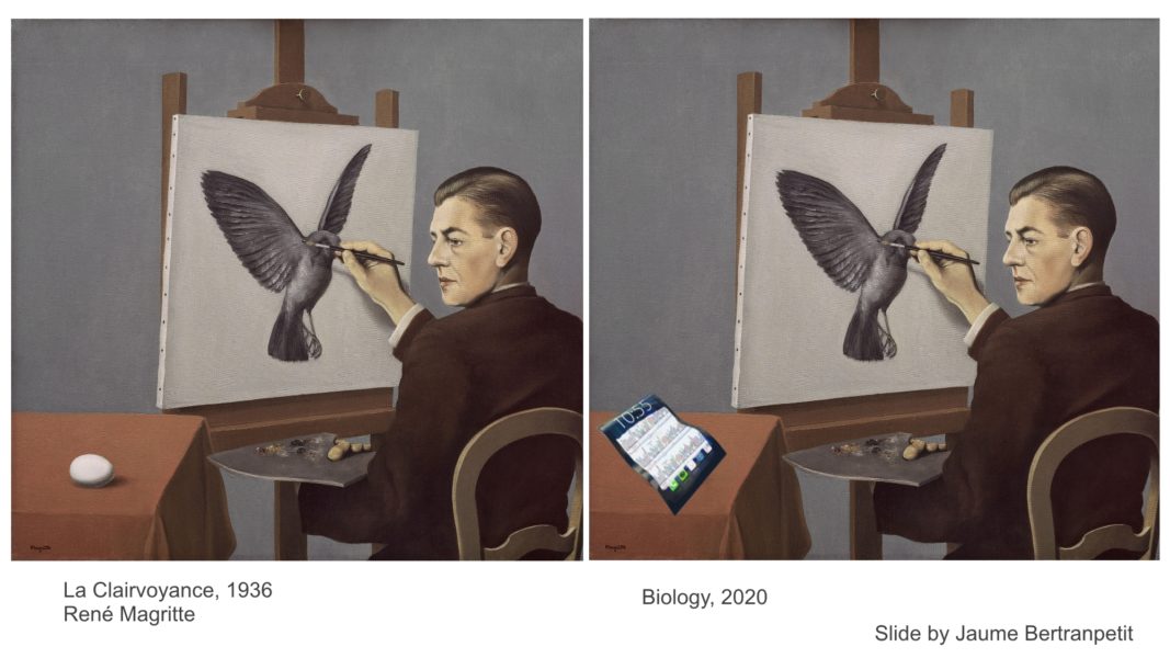 Adaptation of the self-portrait La Clairvoyance from René Magritte, by Jaume Betranpetit. Image of a Powerpoint slide presented by Roderic Guigó.