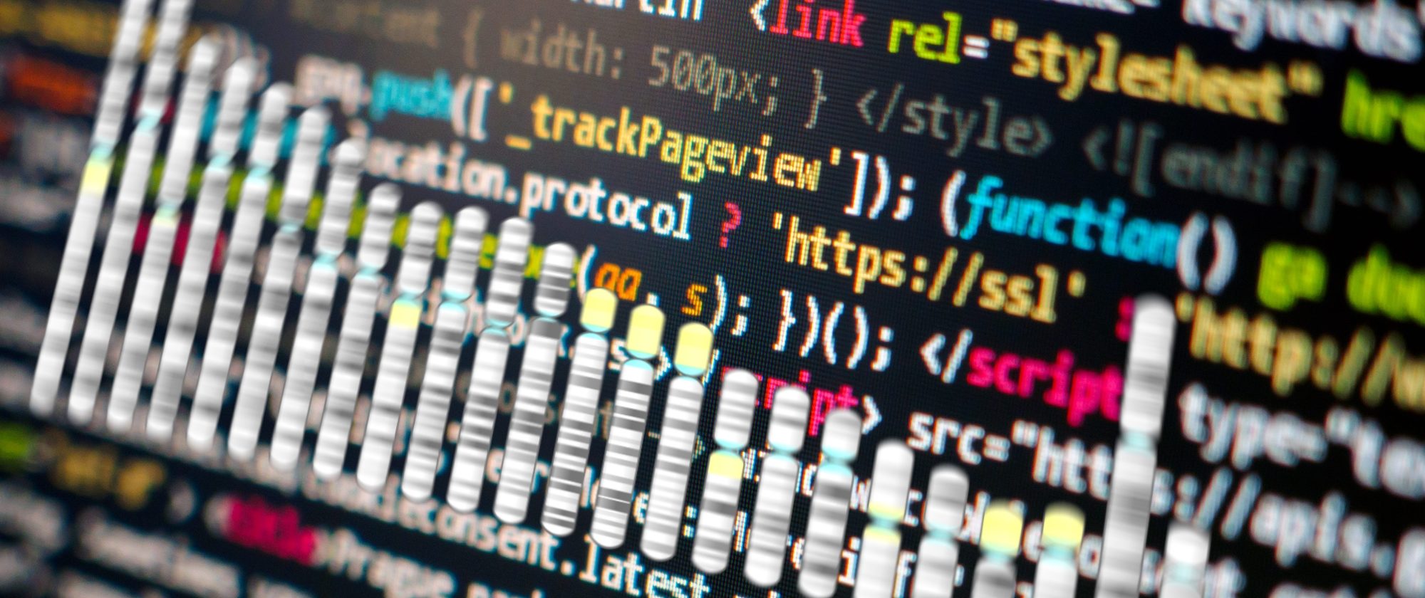 Ideogram of human chromosomes on top of a software code. Images Wikipedia Commons, Libreshot.