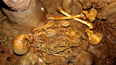 Esqueleto encontrado en La Braña (León). Es uno de dos hermanos encontrados en el mismo yacimiento, los hermanos más antiguos detectados genéticamente. Foto de Julio Manuel Vidal Encinas.