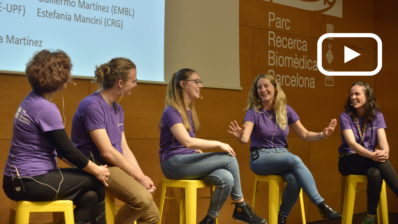 Four researchers from the PRBB centres discussed their scientific careers during the outreach event Biojunior, aimed at high school students. Photo by Jordi Casañas/PRBB.