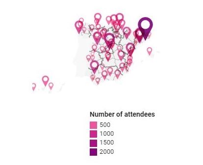 Pint of Science participation in Spain. Number of attendees to all PoS events in 2019. Total attendees: 23,251. Total cities: 73