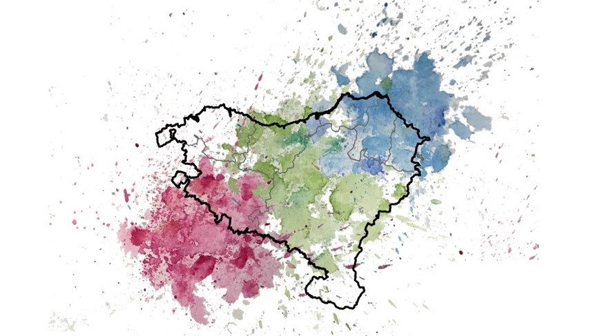 Representació amb colors de la mescla i estructura genètica al País Basc; el verd simbolitzant els bascos, i el blau i vermell la mescla amb les poblacions circumdants. Crèdit: André Flores-Bello.