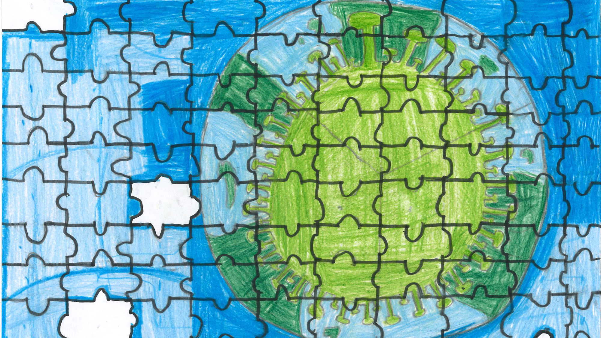 Children's drawing that mimics a puzzle showing a planet earth in the shape of a coronavirus. The puzzle is missing pieces.
