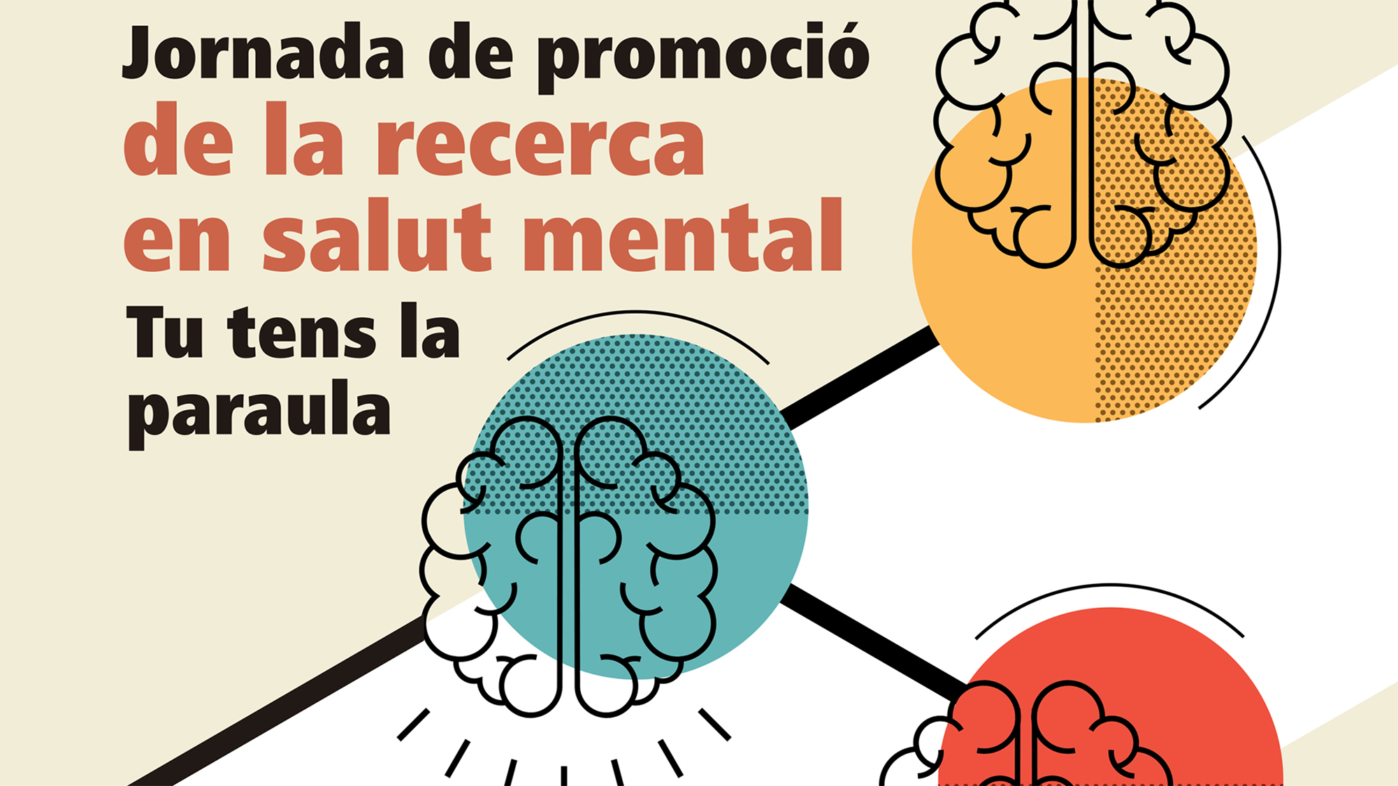 Detalle del póster de la jornada de promoción de la investigación en salud mental con tres cerebros dibujados.