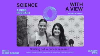 Heleen Jungen and Júlia Urgel during the recording of the Science With A View podcast episode on cancer research and early academic careers.