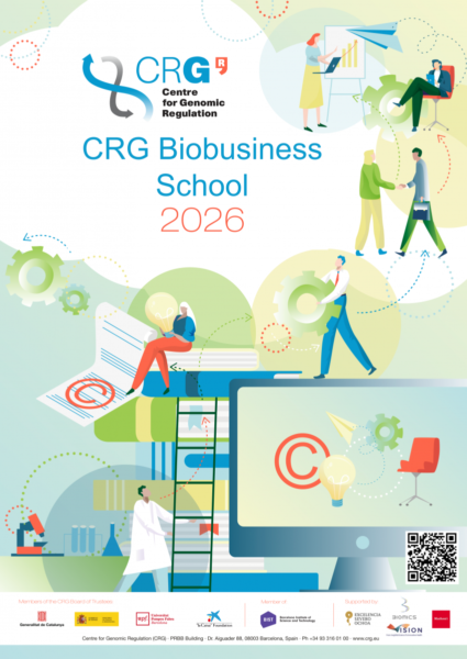Poster of the CRG BioBusiness School 2026, online course on scientific entrepreneurship and tech transfer.
