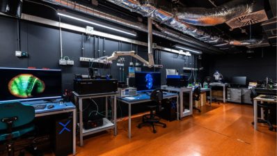 Dark room at EMBL Barcelona’s MIF, with three light-sheet microscopy systems used to obtain three-dimensional images of biological samples.