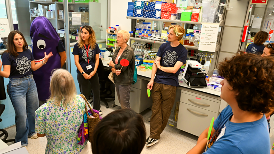 Group of visitors in a PRBB laboratory during an OpenPRBB guided tour.