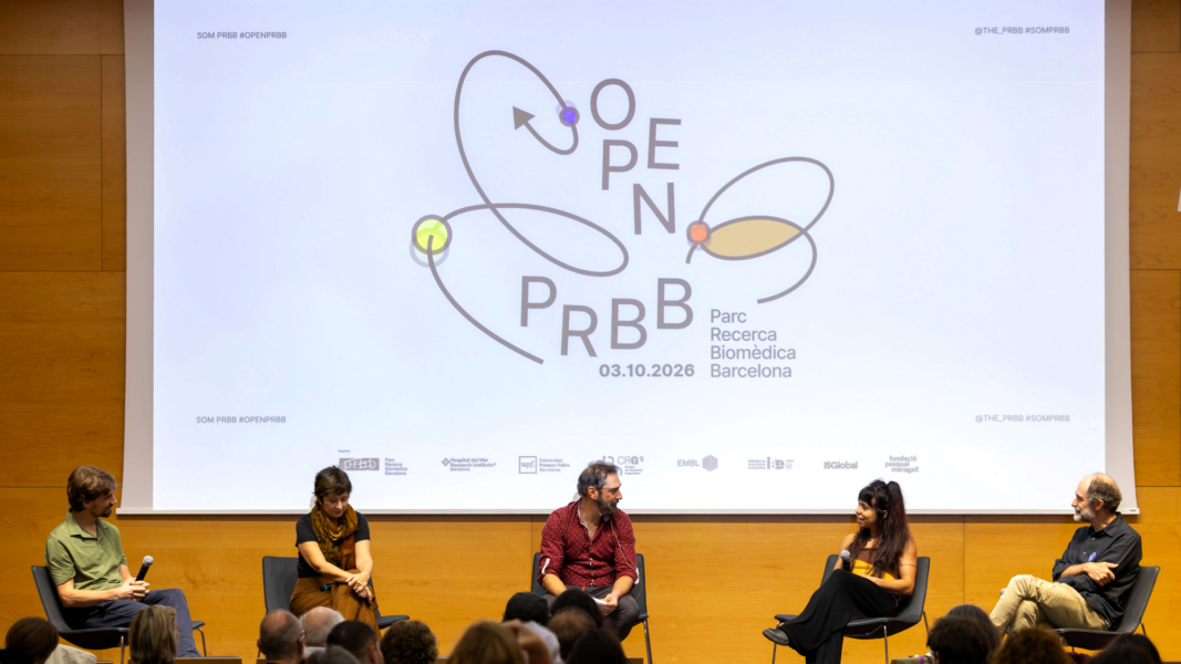 Marc Güell, Juana Díez, Pere Estupinyà, Sara Mederos and Pablo Villoslada speak to the audience during the OpenPRBB 2026 science vermouth.