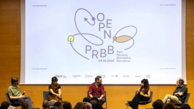 Marc Güell, Juana Díez, Pere Estupinyà, Sara Mederos and Pablo Villoslada speak to the audience during the OpenPRBB 2026 science vermouth.